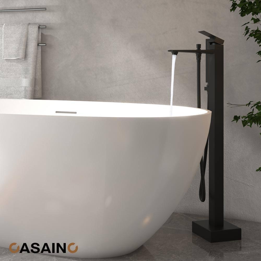 1-Handle Floor Mount Freestanding Tub Faucet with Handheld Shower in Matte Black