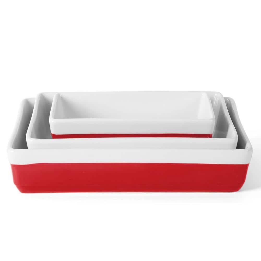 3-Piece Rectangular Stoneware Nesting Baker Set in Red