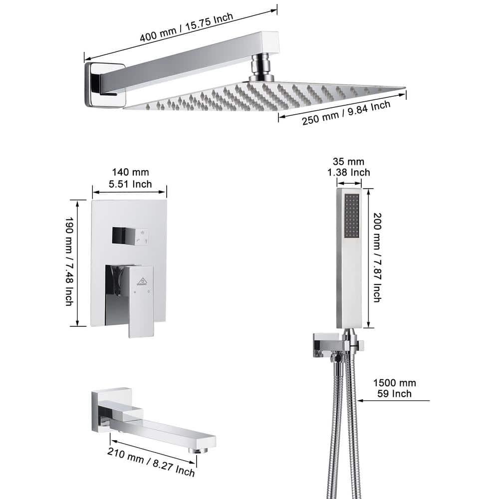 10'' Square Wall Mounted Stainless Steel Rain Shower System