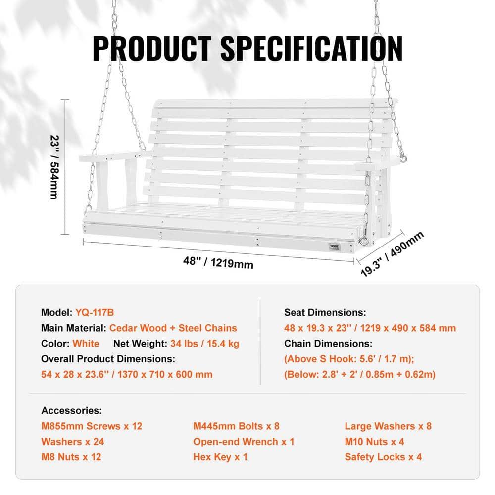 White Fir Wood Heavy Duty Porch Swing with Steel Chains