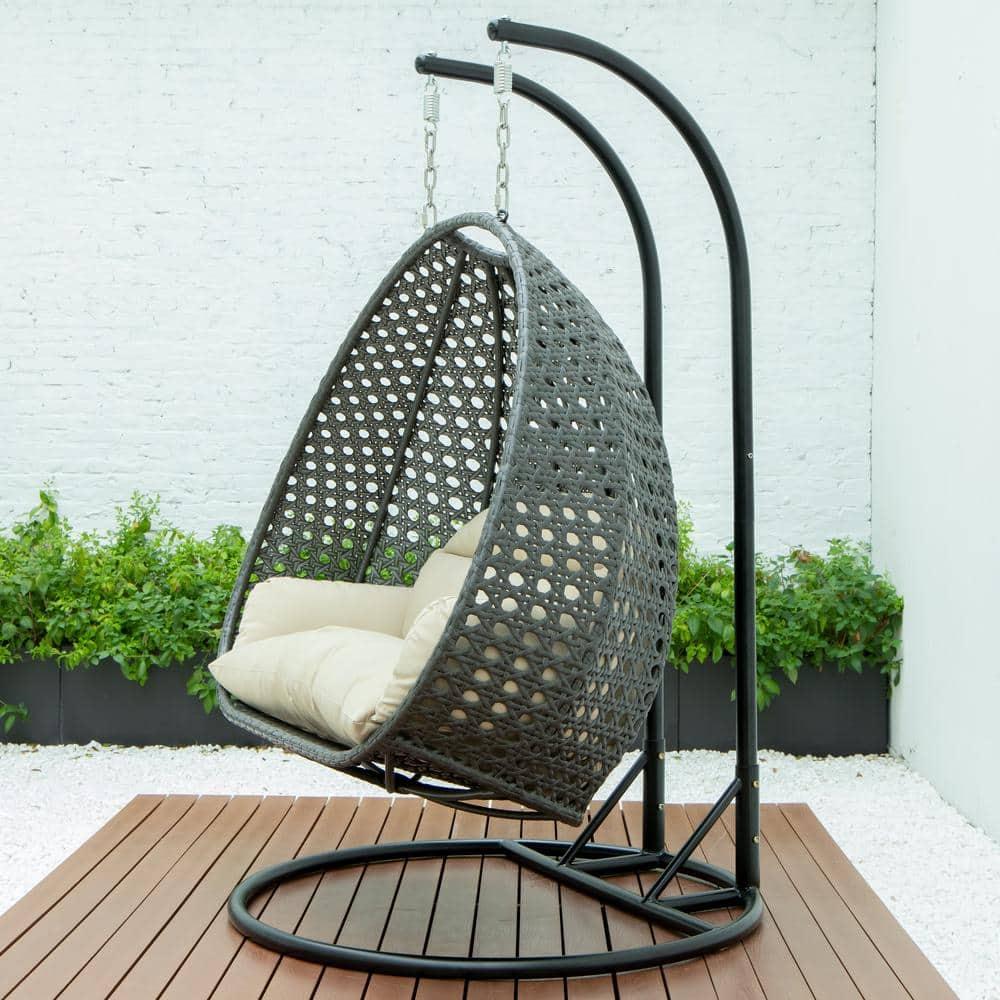 LeisureMod Charcoal Rattan Wicker Double 2 Person Egg Swing Chair with Stand, Taupe Cushion