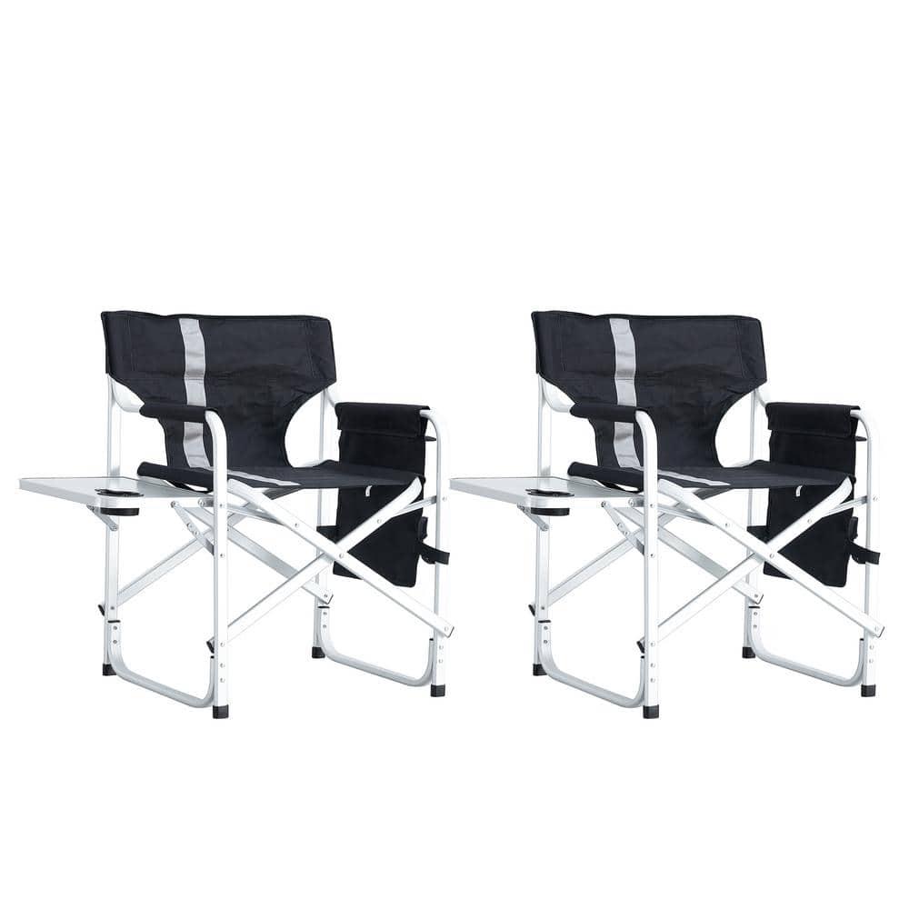 2-piece Padded Folding Outdoor Chair with Side Table and Storage Pockets,Lightweight Oversized Directors Chair for indoor, Outdoor Camping, Picnics and Fishing,Black/Grey