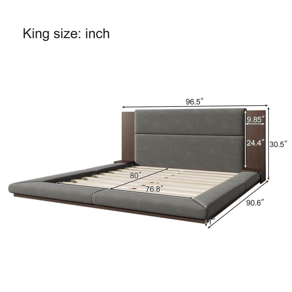 King Size Floor Upholstered Platform Bed with Extended Wood Headboard & Bedside Shelf, No Box Spring Needed, Easy to Assemble (Gray, King)