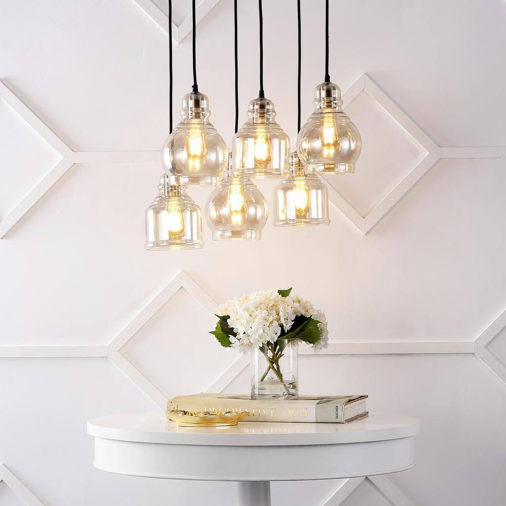 Sydney 18.88" 6-Light Bohemian Farmhouse Iron/Glass Cluster LED Pendant, Nickel/Champagne