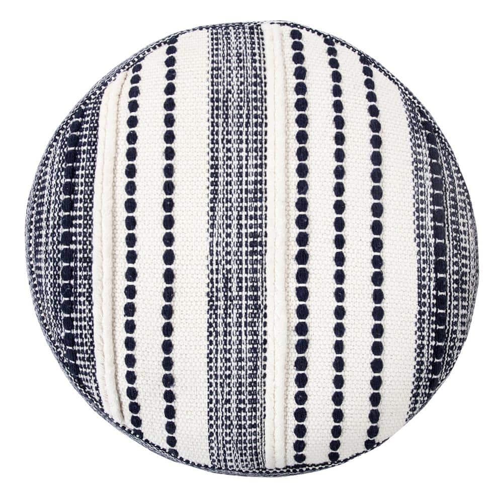 LR Home Fred Round Navy/White Striped Indoor Pouf Ottoman, 14"H x 18"W