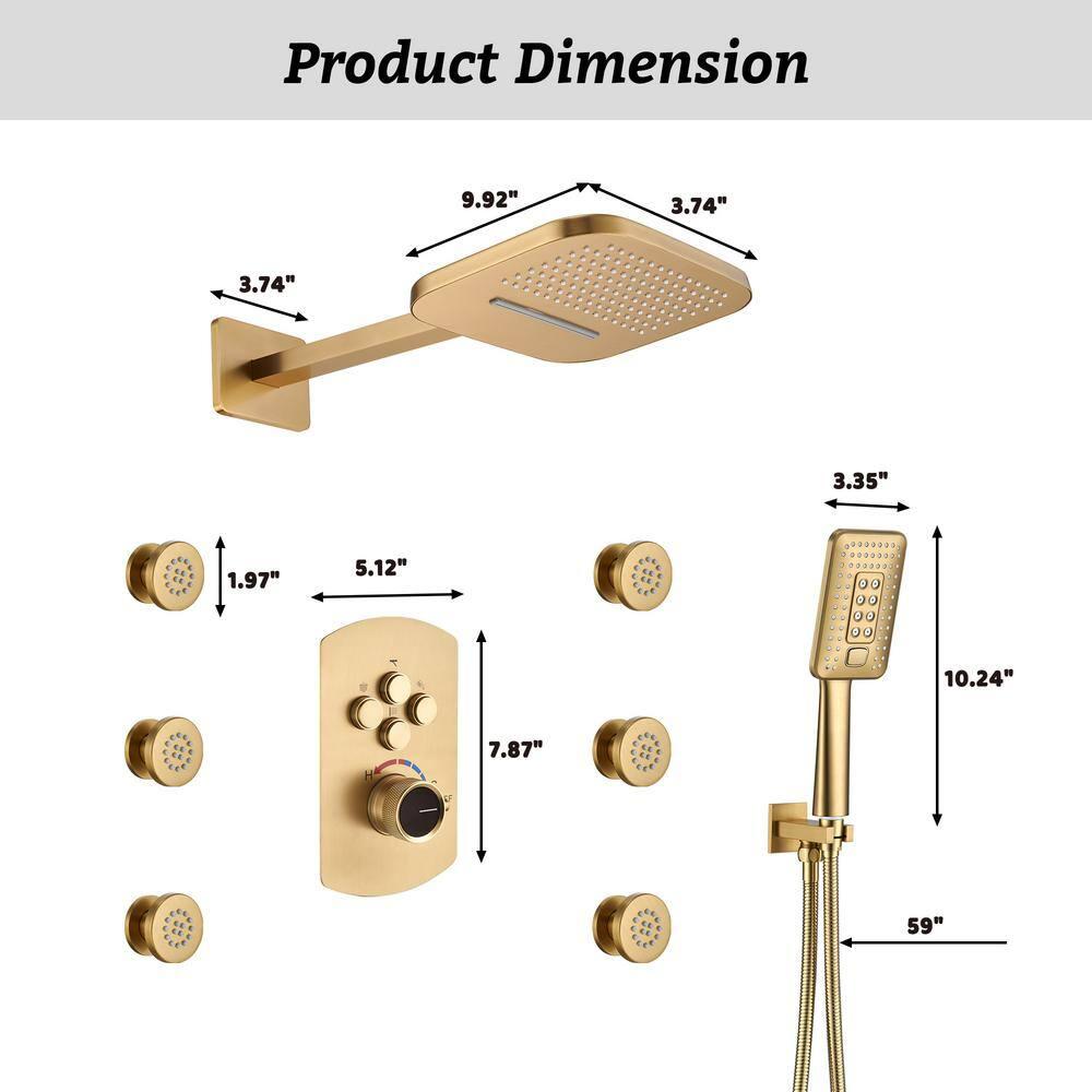 CASAINC 4-Function Wall Mounted Thermostatic Complete Shower System with 6 Body Jets and Rough-in Valve CS6855-22BG