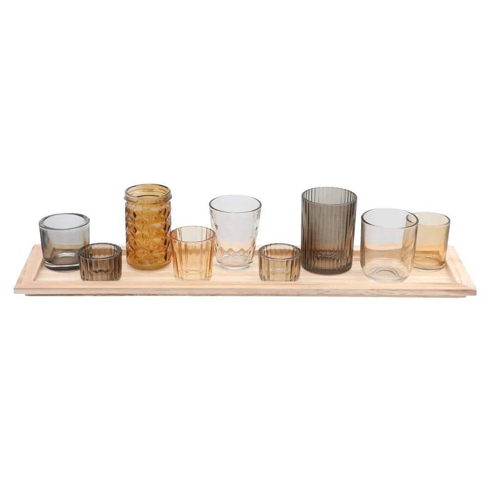 Wood Tray with 9 Glass Votive Holders - Storied Home