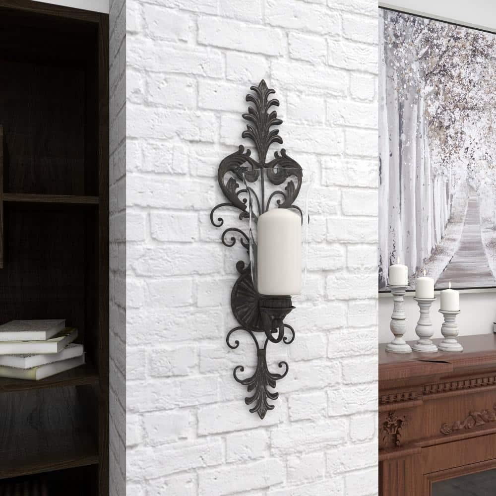 DecMode Bronze Glass Wall Sconce with Scroll Designs