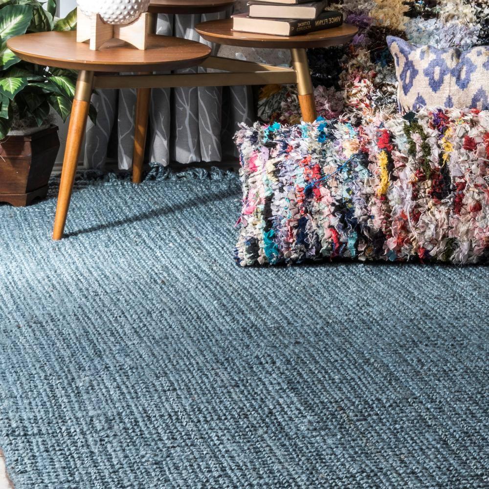 Nuloom 2x12 Daniela Jute Tassel Hand Woven Indoor Area Rug, Blue, Solid Chunky Farmhouse Design, Natural Fiber BedroomLiving Room