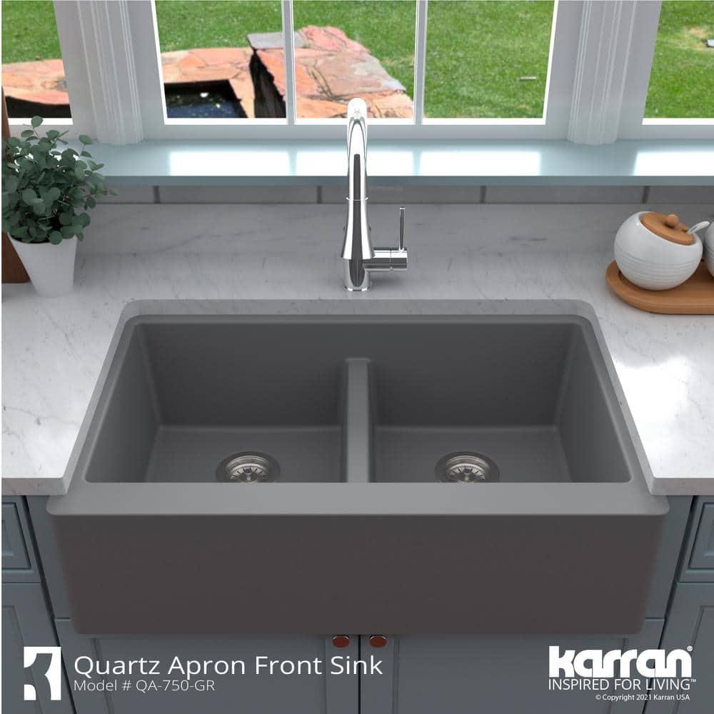 Karran Quartz 34'' X 21-1/4'' 50/50 Double Bowl Farmhouse/Apron Front Kitchen Sink Kit