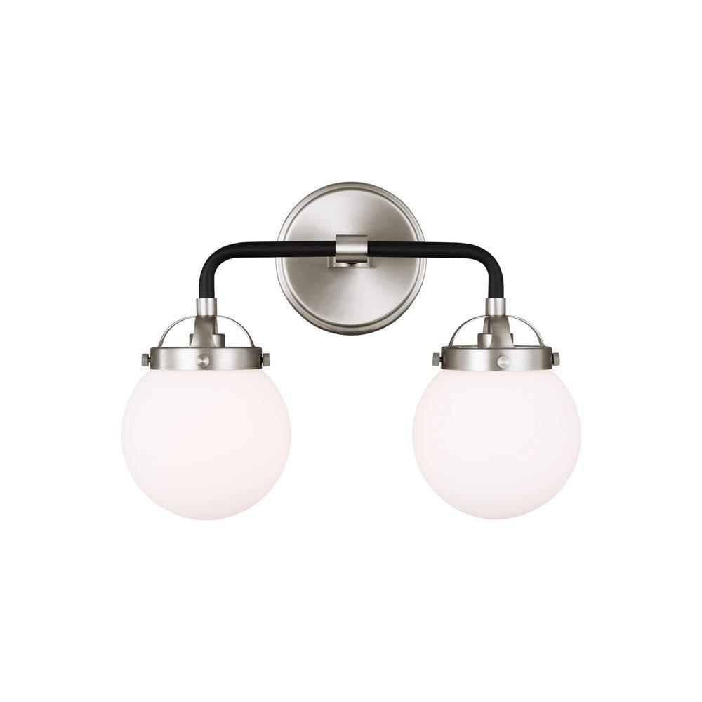 Cafe 14 in. W 2-Light Brushed Nickel Vanity Light with Etched/White Glass Shades and Matte Black Frame Accents