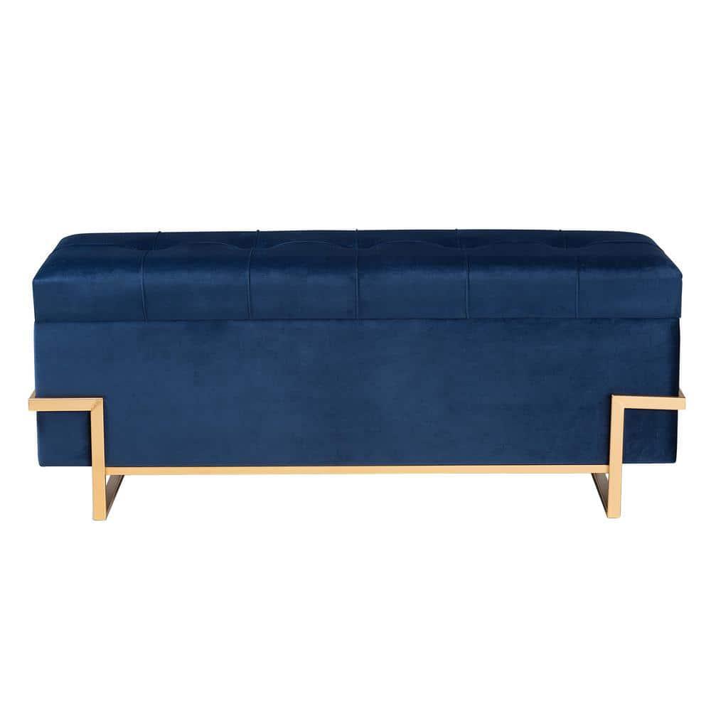 Parker Velvet Upholstered and Metal Storage Ottoman Blue/Gold - Baxton Studio: Rectangular Bench with Bow Pattern