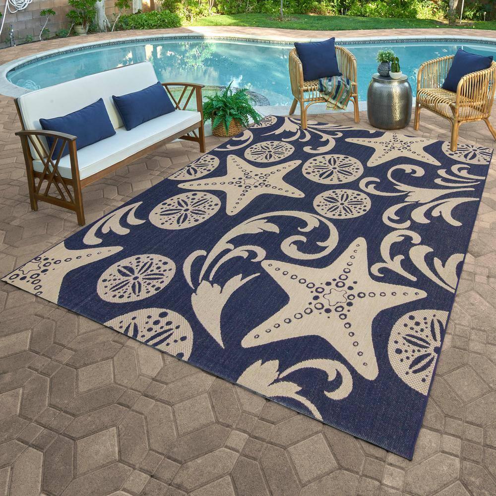 Gertmenian Paseo Canoa Navy Blue/Beige Nautical Sea Life Indoor/Outdoor Flatweave Area Rug