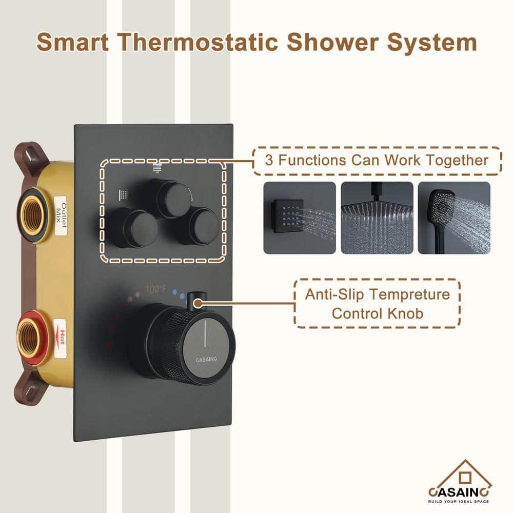 Revitalize 3-Function 12 Inch Ceiling Mount Rainfall Thermostatic Shower System with 6 Body Jets