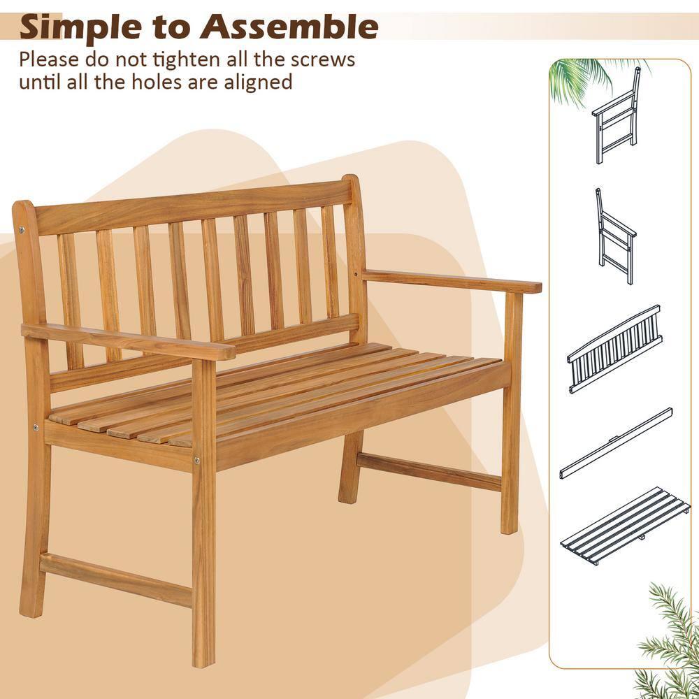 Natural Acacia Wood 2-Person Outdoor Bench with Armrests