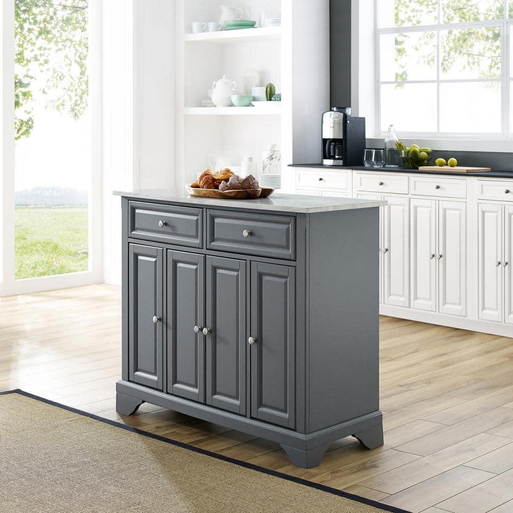 One Allium Way® Kitchen Island With Storage Shelves, Microwave Stand, Coffee Bar, Gray - Birch Veneer, Marble Finish, 2 Drawers & 3 Cabinets, Brushed Nickel Hardware