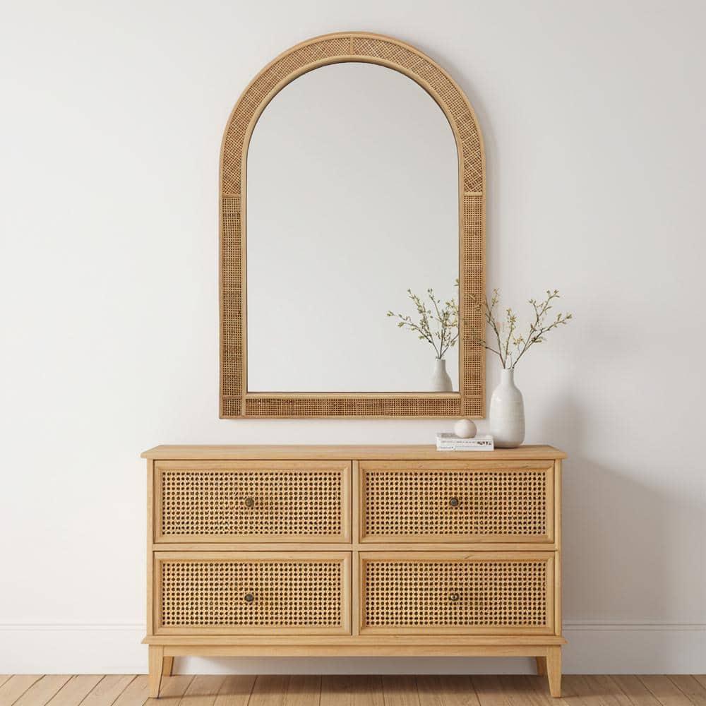 Parisloft Boho Arch Rattan Mirror - 25.5 x 37.4 Inch, Decorative Wall Mirror for Bathroom, Bedroom or Living Room, Natural