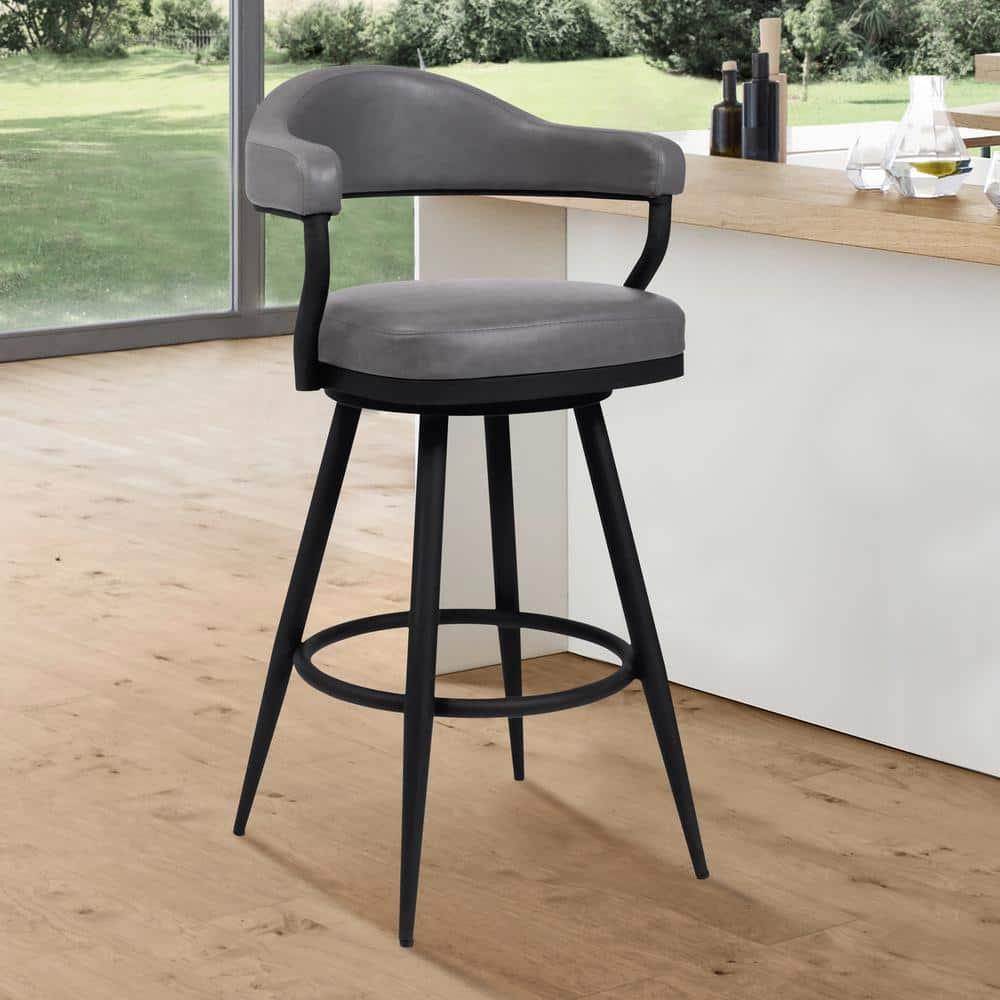 Armen Living Indoor Amador 30" Bar Height Barstool in a Black Powder Coated Finish and Vintage Gray Faux Leather
