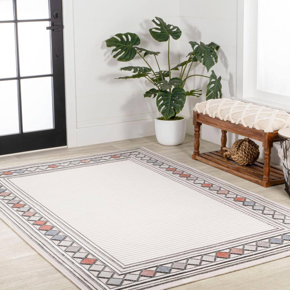 JONATHAN Y Sebastian High-Low Modern Diamond Border Ivory/Beige 3 ft. x 5 ft. Indoor/Outdoor Area Rug