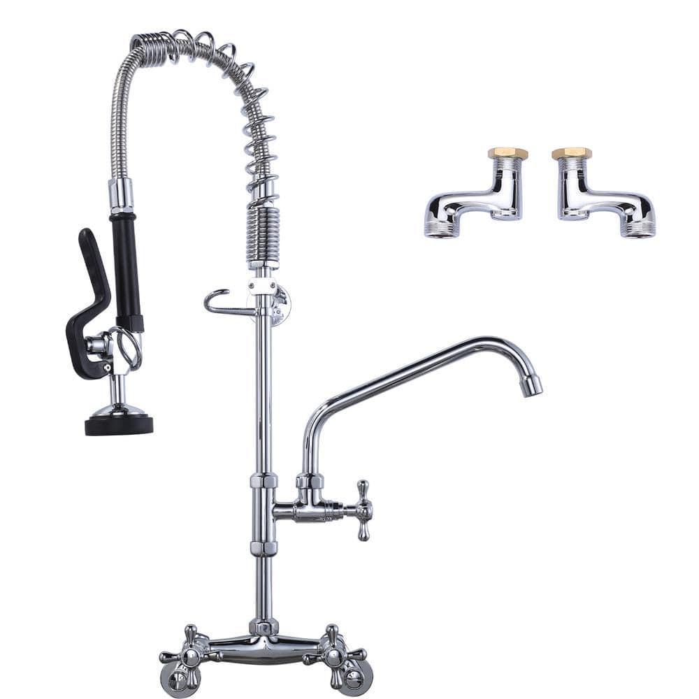 26 in. Commercial 3-Handle Pull Down Kitchen Faucet Wall Mount with Pre Rinse Sprayer in Chrome