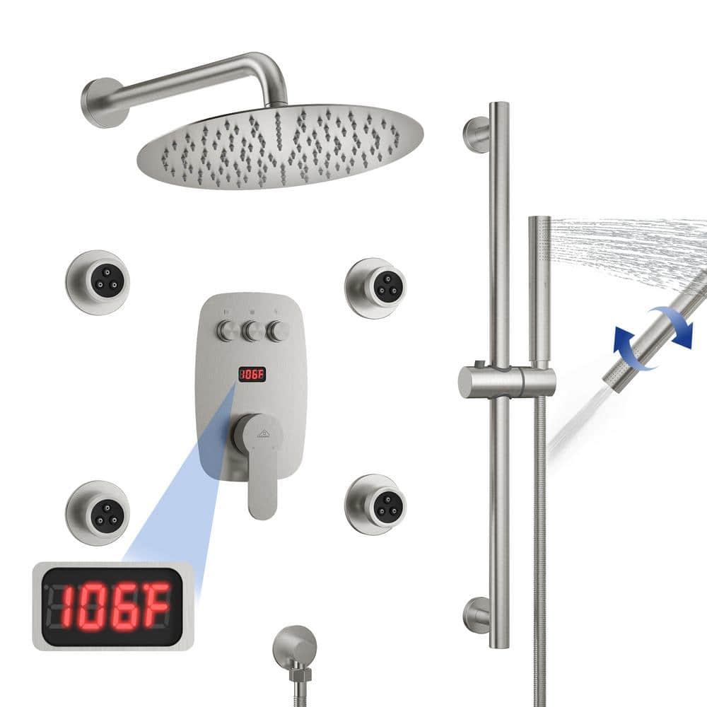 CASAINC 3-Function 12 Inch Temperature Digital Display Shower System With 2-Setting Slider Bar Handheld And 4Pcs Body Jets BR01009SX12BN