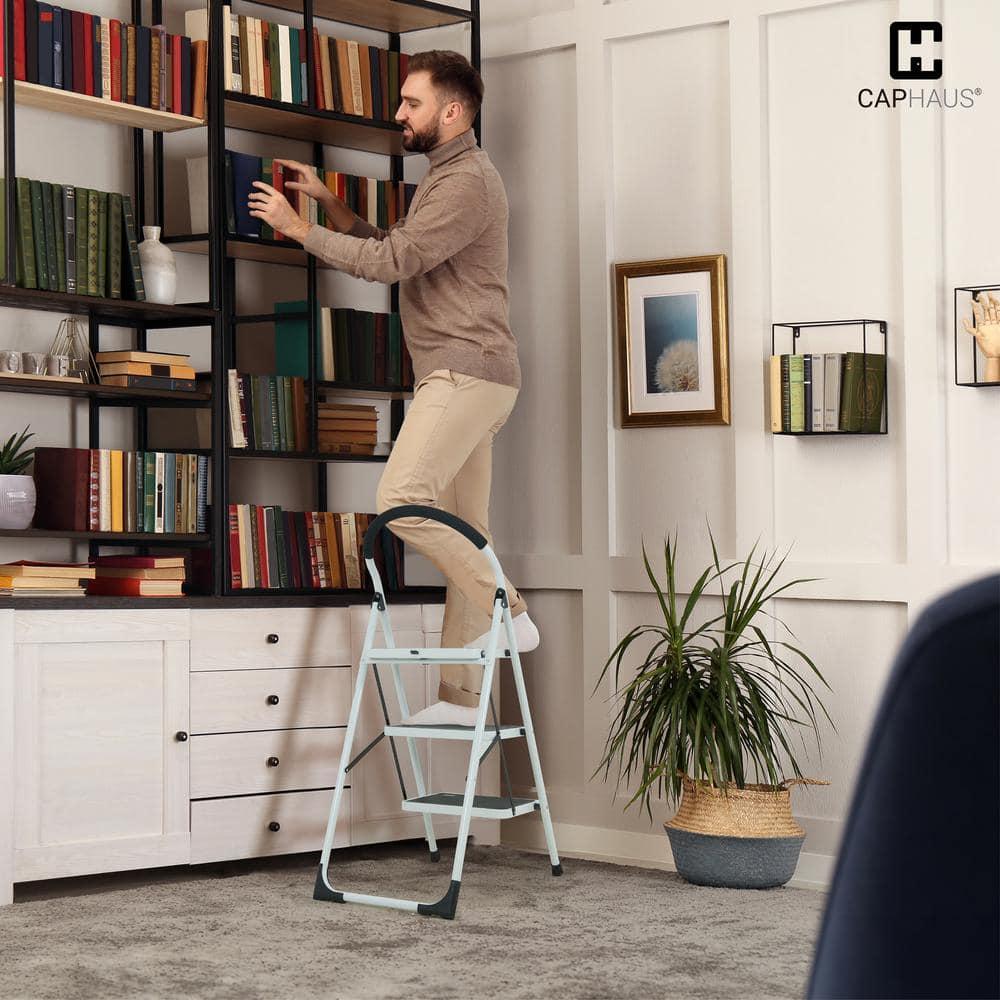 CAPHAUS 3-Step Ladder, Portable Folding Step Stool with Extra Wide Anti-Slip Pedal, Heavy Duty Foldable Small Step Ladder with Hand Grip, ANSI A14.11 Certified Sturdy Step Stool, White