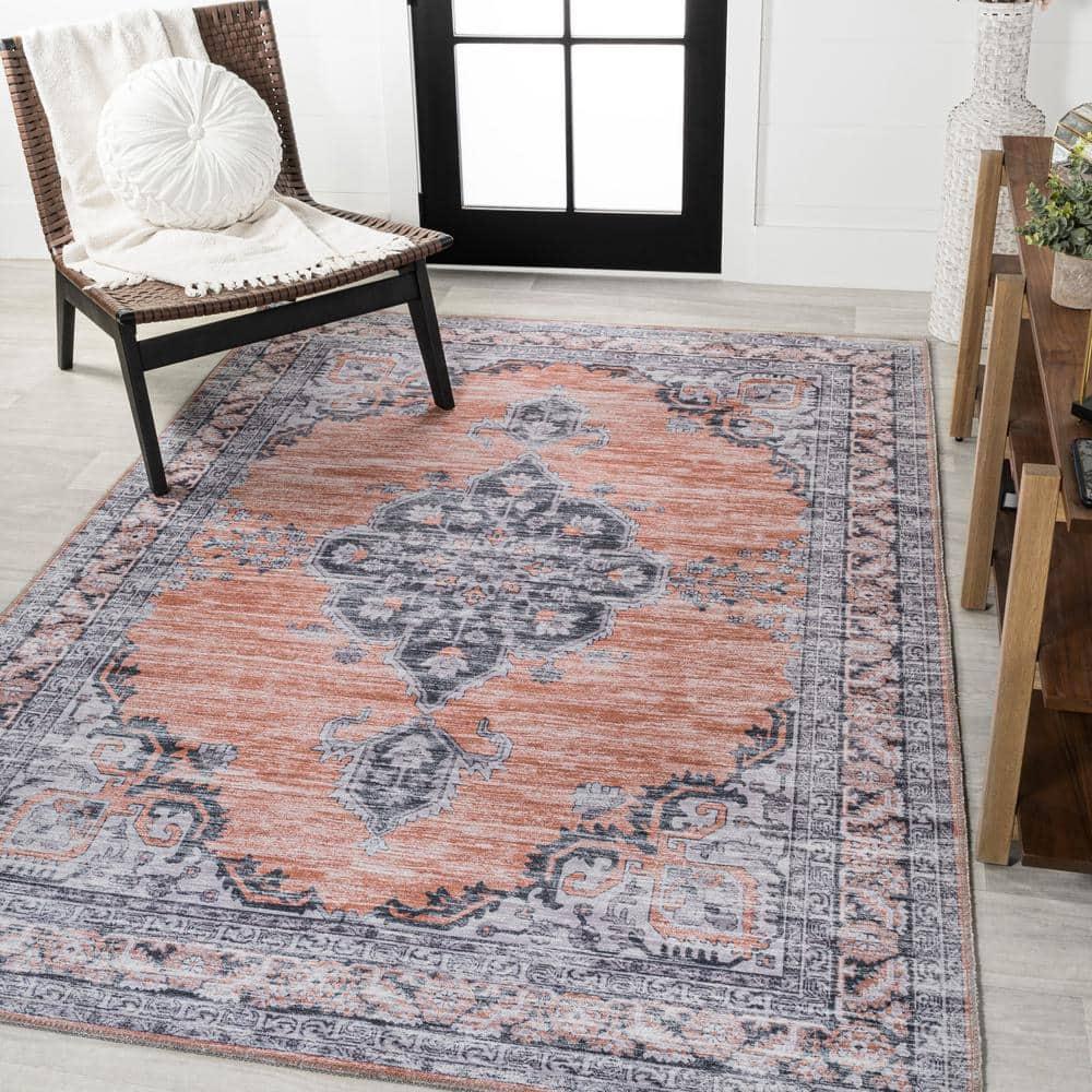 Wincer Chenille Cottage Medallion Machine-Washable Orange/Gray 5 ft. x 8 ft. Area Rug - JONATHAN Y