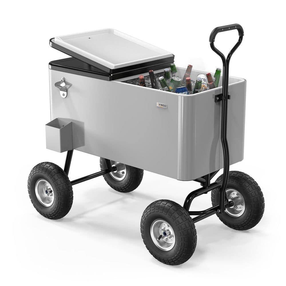 VINGLI 80qt. Wagon Rolling Cooler Ice Chest w/Long Handle and 10" Wheels, Patio Cooler, Outdoor Park Cart on Wheels