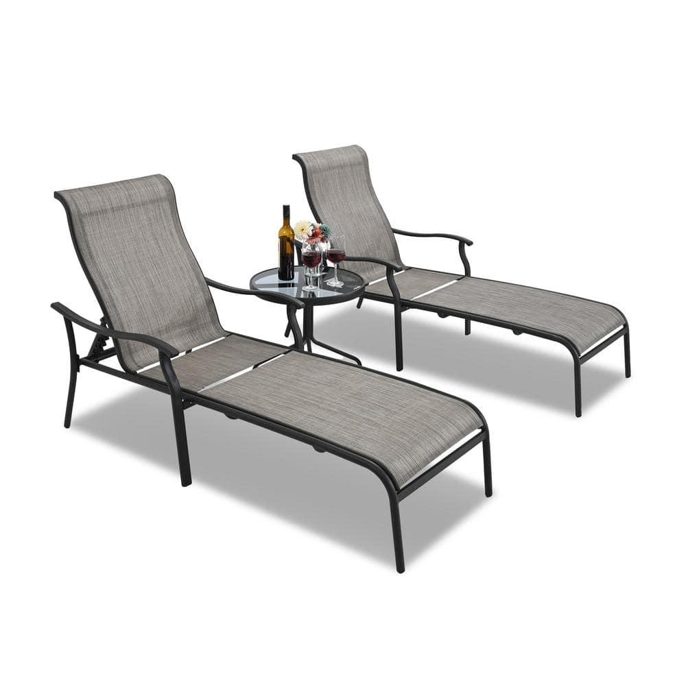 HAPPATIO Patio Chaise Lounge Set 3 Pieces,Patio Lounge Chair with Glass Coffee Table,Pool Lounge Chair with Breathable Textilene Fabric,Patio Chaise Lounge for Patio Backyard Poolside(Gray)