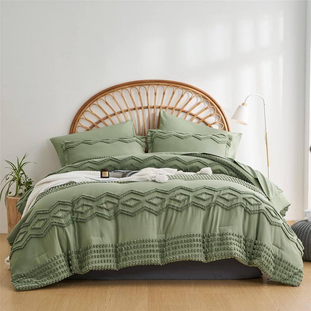 Sage Green Tufted Comforter Set Full Size 7 Piece Bed in a Bag, Shabby Chic Boho Comforter and Sheet Set, Pom Pom Textured Bed Set, All Season Soft Microfiber Complete Bedding Set (Green, Full)