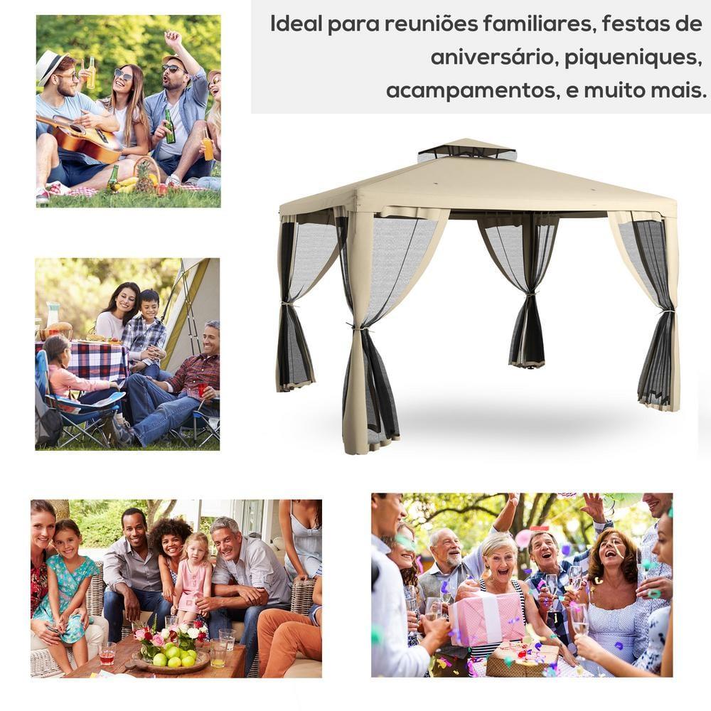 DEBLIT 9.6' x 11.6' Patio Gazebo with 2-Tier Roof and Netting, Steel Outdoor Canopy Gazebo for Garden, Lawn and Backyard, Taupe