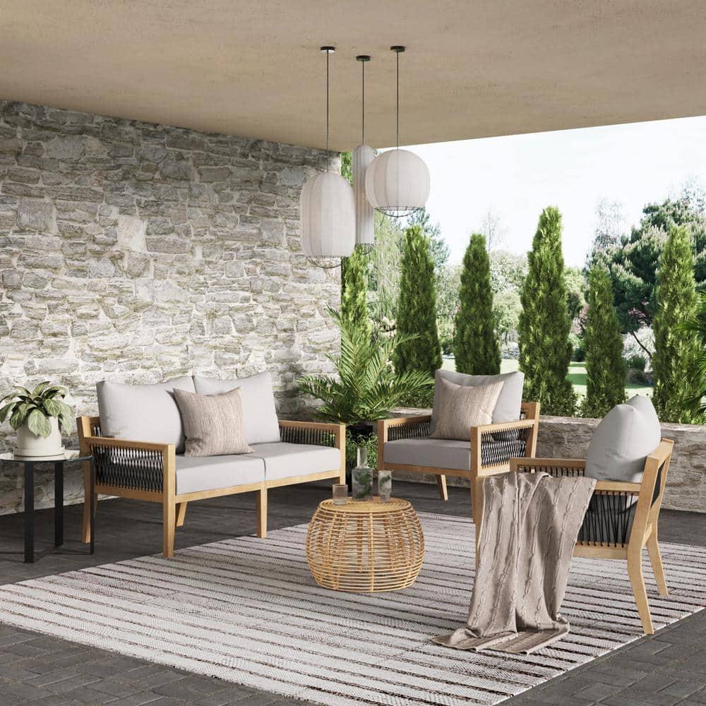 Nathan James 3pc Freya Bohemian Wood Outdoor Patio Conversation Set: Acacia Frame, UV-Resistant