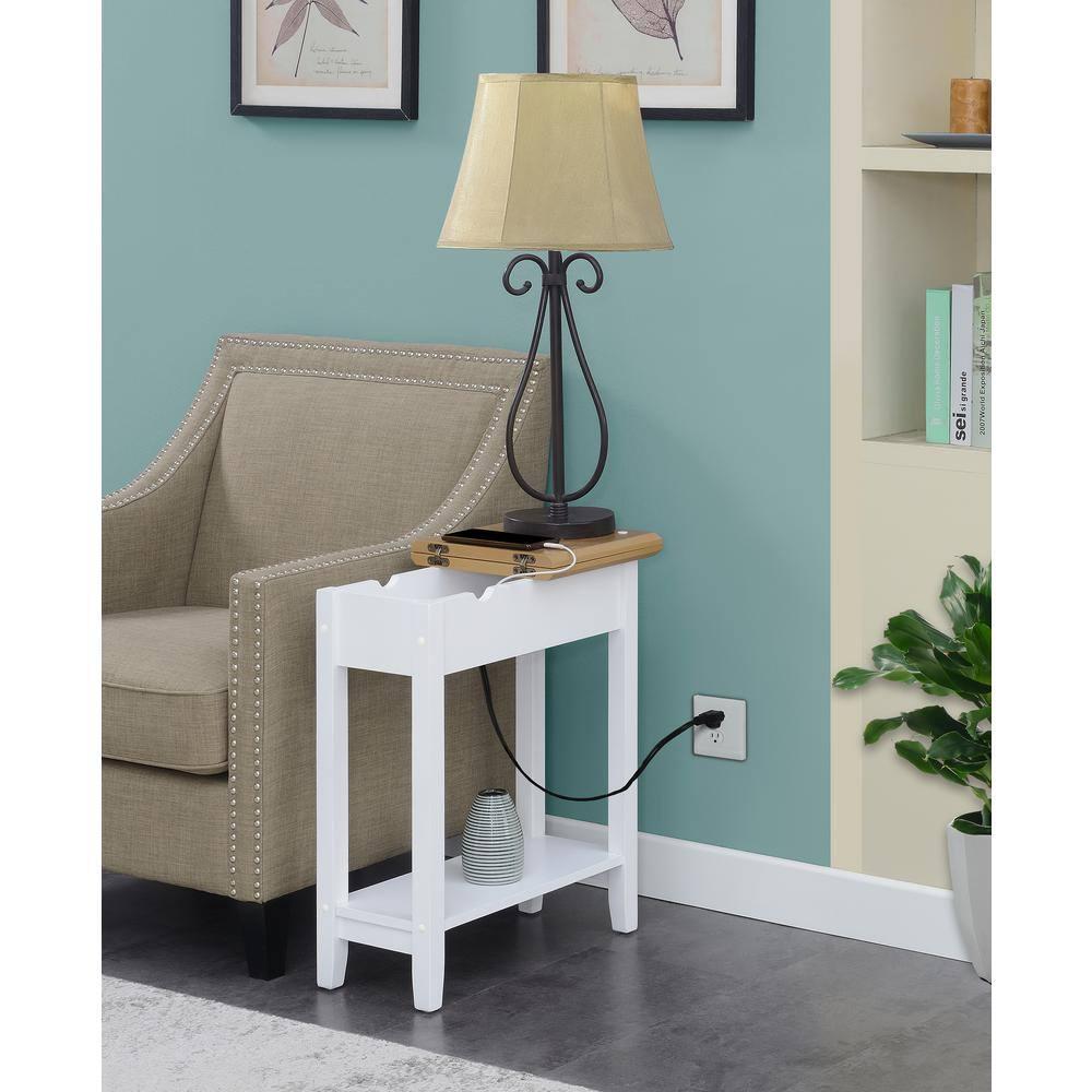 Convenience Concepts American Heritage Flip Top End Table with Charging Station and Shelf, Driftwood/White