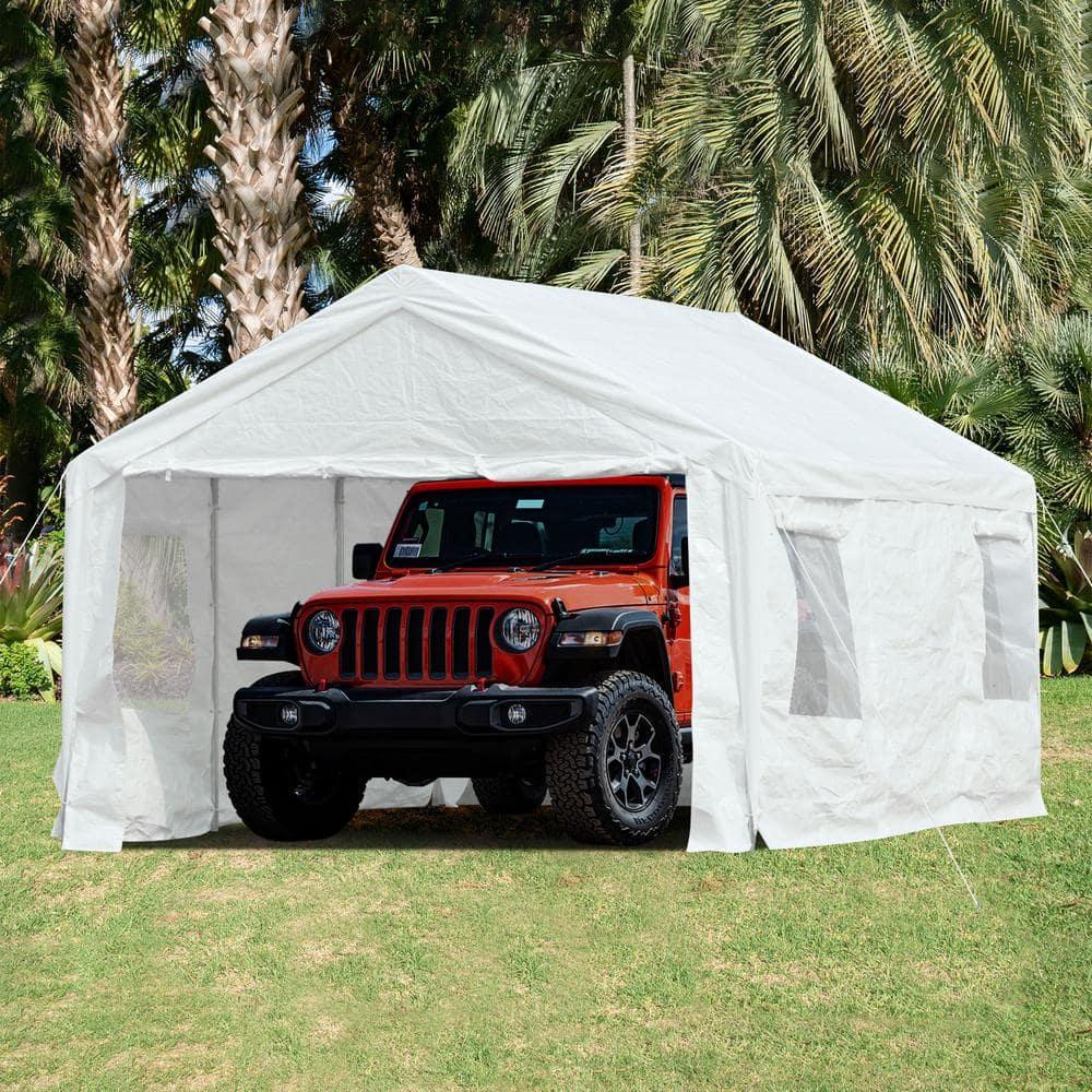 Aoodor 20 x 10 FT. Vehicle Carport Canopy Portable Garage Party Canopy Tent Boat Shelter, Heavy Duty Metal Frame with Removable Rool-up Sidewalls and Doors, White
