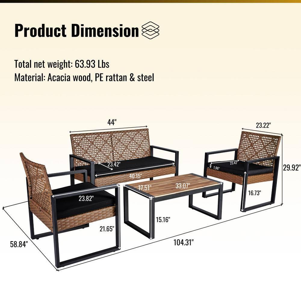Patio Furniture Set for 4, Rattan Outdoor  Conversation Set with Wood Table, Brown PE Wicker Porch Sofa Set with Cushions, Porch Deck Poolside Furniture, Max 705LBS