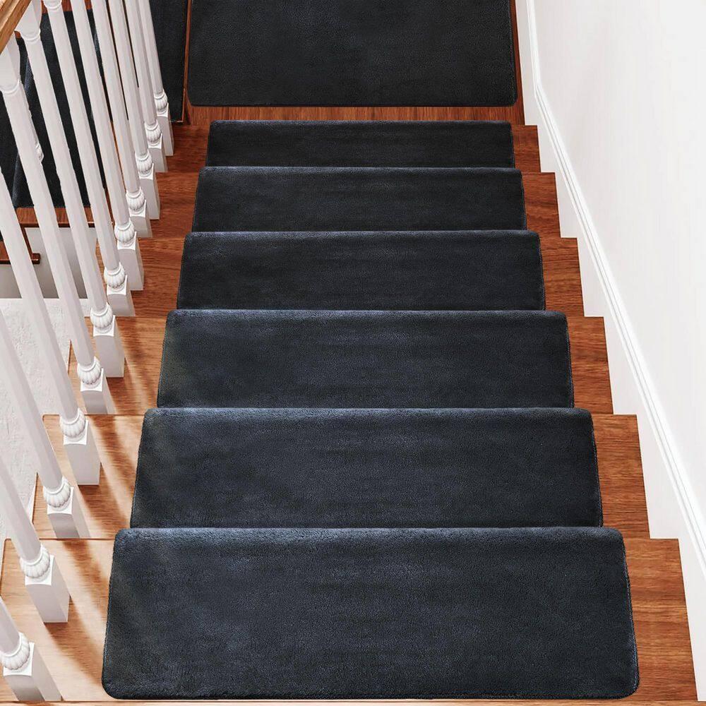 PURE ERA Non-Slip Ultra Plush Soft Bullnose Carpet Stair Treads Set of 14 Tape Free Washable Self Adhesive Dark Grey 9.5" x 30"x1.2"