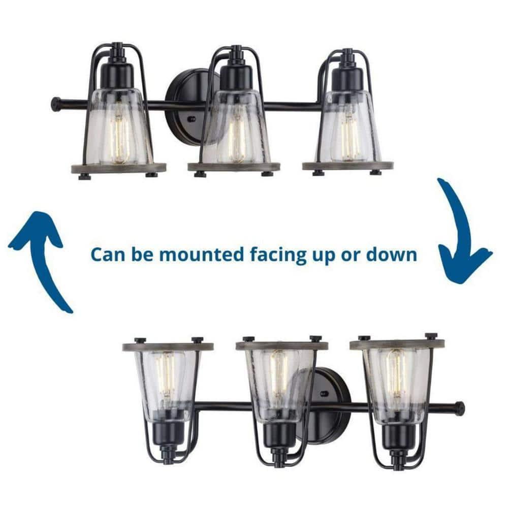 Progress Lighting Conway 3-Light Bath Vanity Light, Steel, Matte Black, Clear Seeded Glass Shade
