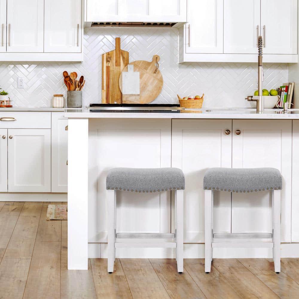 Polytrends Jameson Upholstered Polyester Antique White 24 Inch Counter Stool (Set Of 2) Antique White/Gray Metal Foam Upholstered Polyester Cabin &