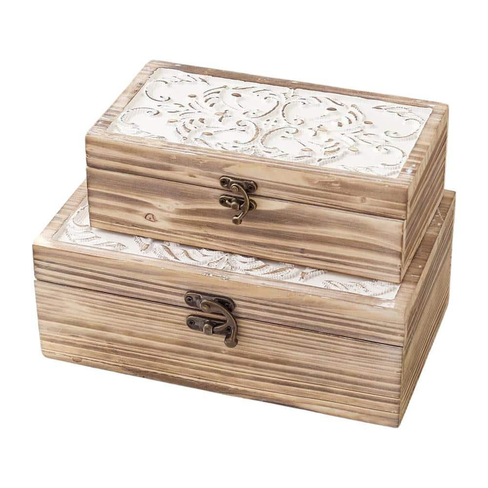Wooden Box Set of 2 - Rustic Farmhouse Decorative Boxes with Hinged Lid and Carved Design