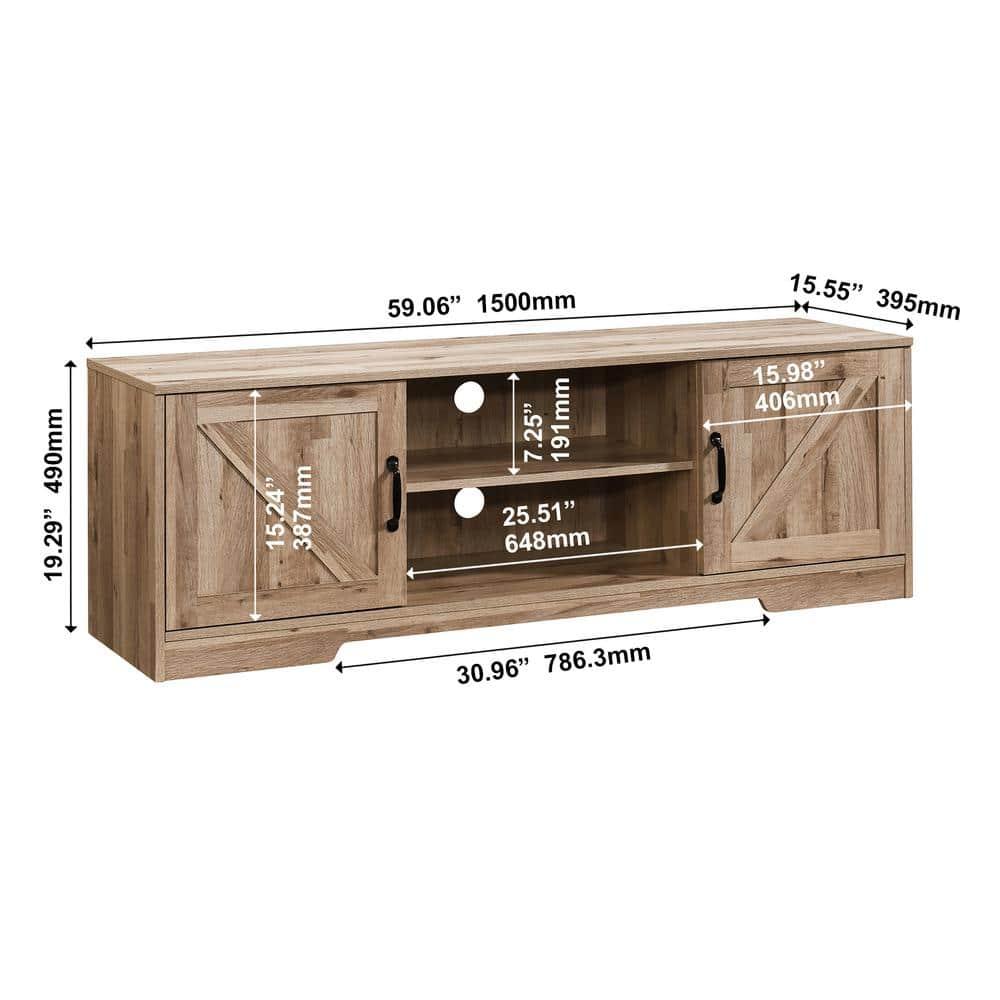 AndMakers 59 in. Farmhouse Oak TV Stand For TVs Up To 59" with 2 Storage Cabinets, Wood Barn Door Media Television Console Table With Storage