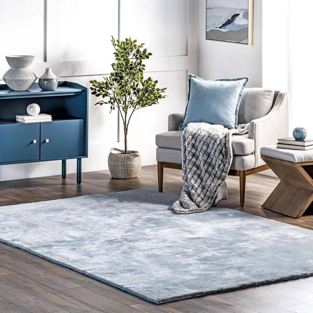nuLOOM 4' Square Cozy Plush SuperiorWash Area Rug, Machine Washable, Non-Slip, Soft Fluffy Shag Carpet for Living Room Bedroom, Loni Light Blue