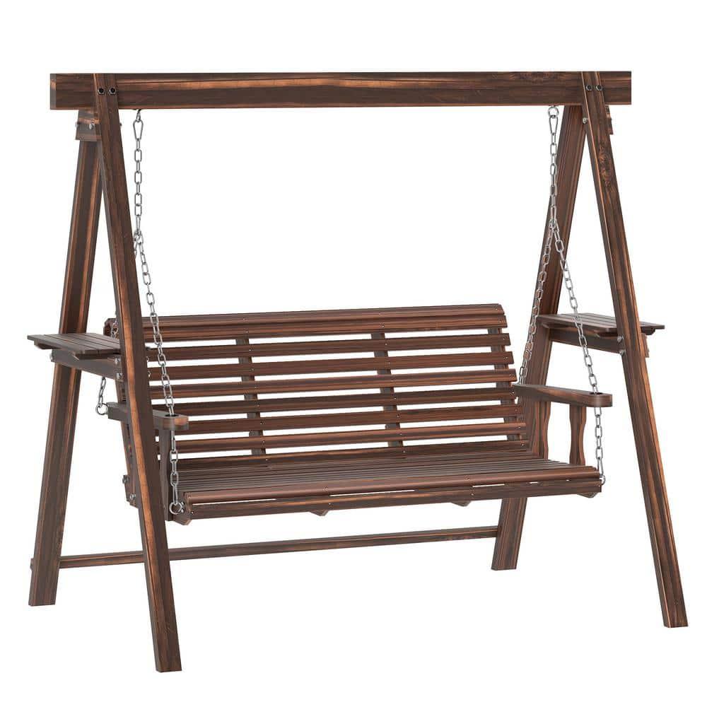 Outsunny 3 Seat Wooden Porch Swing with Stand, Patio Swing Chair with Side Tables, Carbonized Brown