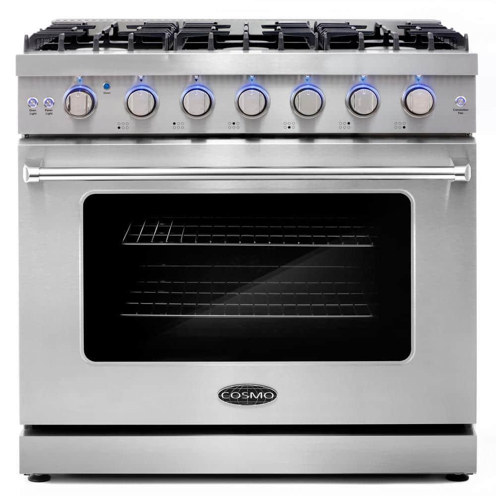 Cosmo 36 in. Haven Collection 6.0 cu. ft. Gas Range, 6 Burners, Convection Oven, Knob LEDs, Storage Drawer, Stainless Steel