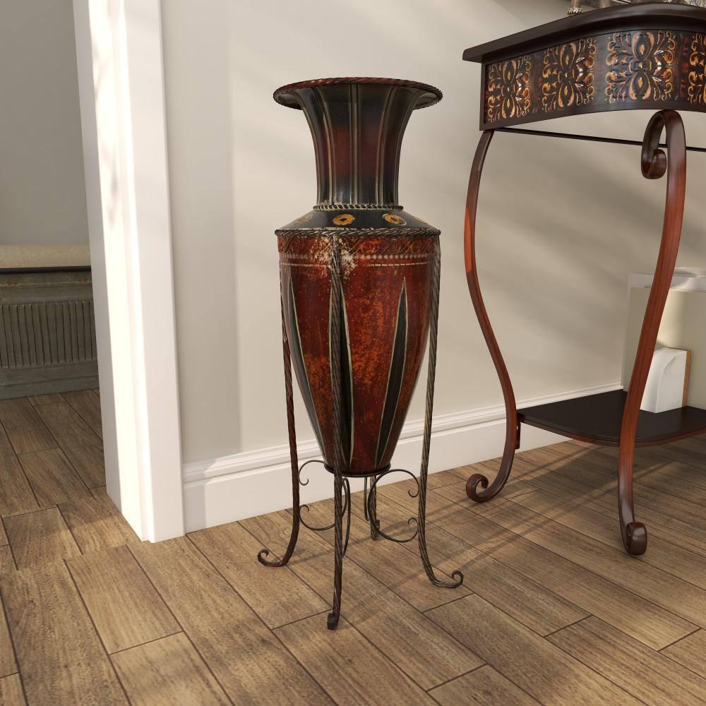 DecMode 27" Tall Brown Metal Vase with Attached Metal Stand and Intricate Design