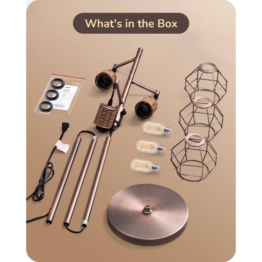 EDISHINE Dimmable Rustic Floor Lamp, Farmhouse Standing Lamp with 3 LED Edison Bulbs, Rattan Design Floor Lamps for Living Room, Bedroom, Reading Corner, Office, Electroplated Brushed Red Copper