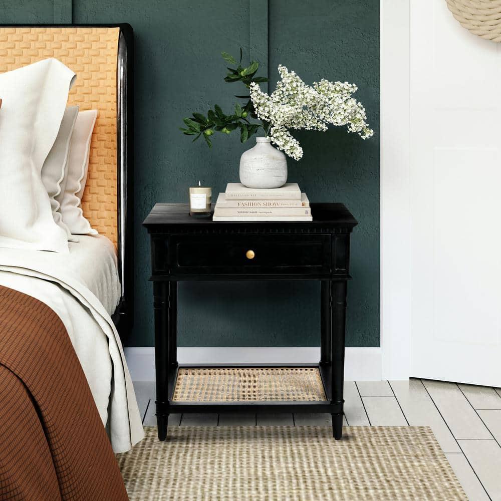 Storied Home Maxwelton End Table Black: Elegant Square Nightstand with Storage Drawer & Cane Shelf