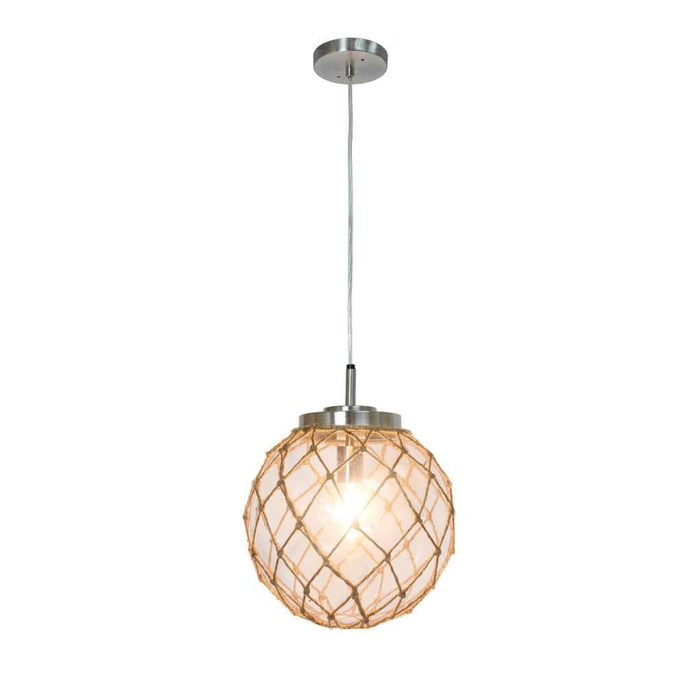 Buoy Netted Brushed Nickel Coastal Ocean Sea Glass Pendant with Natural Rope, Clear