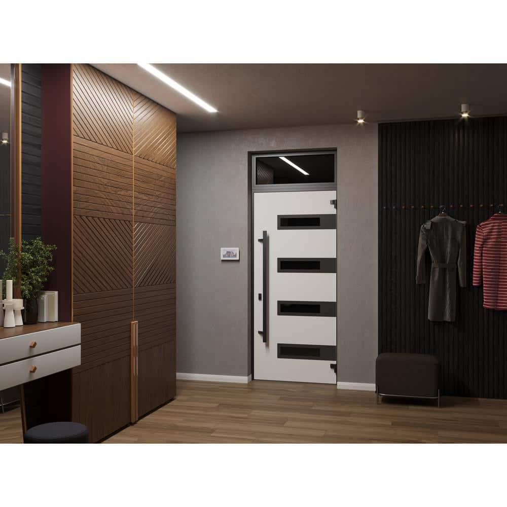 Front Exterior Prehung Steel Door / Ronex 0130 Grey / 2 Side and Top Exterior Window Sidelite / Entry Metal Modern Painted W14+36+14" x H80+16" Left hand Inswing