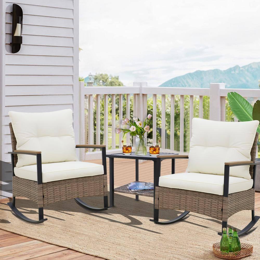 EAGLE PEAK 2 - Person Outdoor Seating Group Outdoor Rocking Seating Group with Cushions, 3-Piece Outdoor Rocking Chairs Set With Table