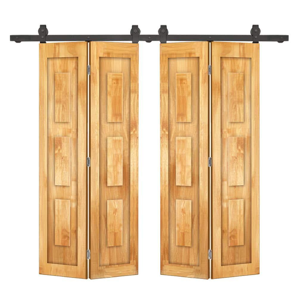 Calhome 3 Panel Shaker Pine Wood Double Bi-Fold Door with Sliding Barn Door Hardware Kit